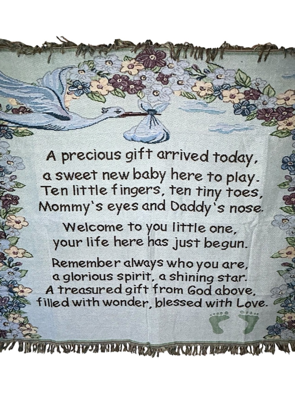 Baby Welcome Stork Wall Hanging Religious Tapestry - Blue Floral